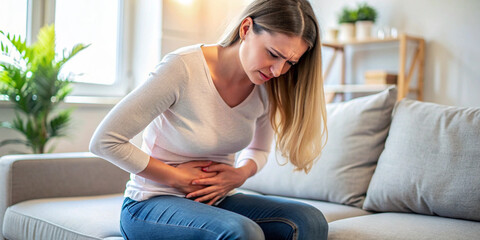 A woman sitting on a couch at home, visibly in pain, clutching her stomach. She appears to be experiencing menstrual cramps or abdominal discomfort