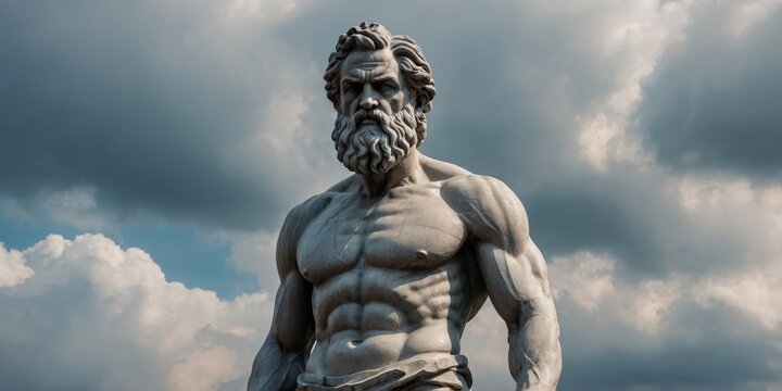 muscular statue of a greek philosopher on a cloudy background.