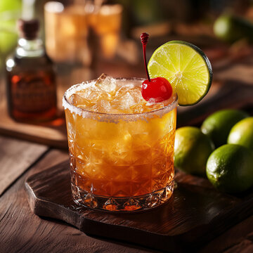 Classic Mai Tai Cocktail with Cherry and Lime on a Rustic Wooden Table