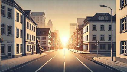 Sunrise Illuminating a Quiet Urban Street with Vintage Buildings