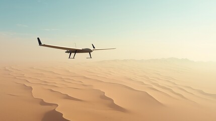 A serene view of a drone flying over vast desert dunes under a clear sky, showcasing innovation in technology and nature's beauty.