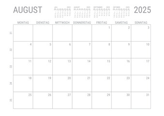 Monat Kalender August 2025 Monatskalender Kalenderblatt Kalendarium mit Kalenderwoche Planer DIN A4 Deutsch	