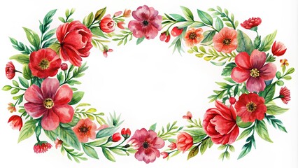 Obraz premium Watercolor red flowers arranged in a border, wreath, and frame on a background, watercolor, red, flowers, border, wreath