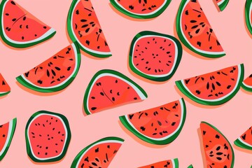 Seamless pattern with watermelon slices on a black background, flat vector illustration. For t-shirt prints and other uses.. Beautiful simple AI generated image in 4K, unique.