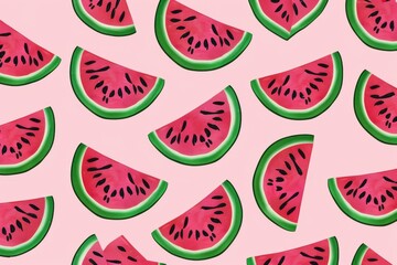 Seamless pattern with watermelon slices on a black background, flat vector illustration. For t-shirt prints and other uses.. Beautiful simple AI generated image in 4K, unique.