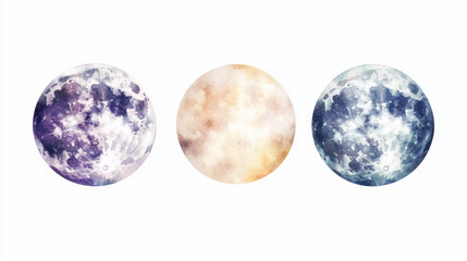 Fototapeta premium A set of watercolor illustrations depicting full moons in different color tones, perfect for celestial-themed projects and designs. 