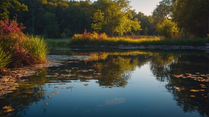 Obraz premium Beautiful, colorful landscape with pond vivid colors.