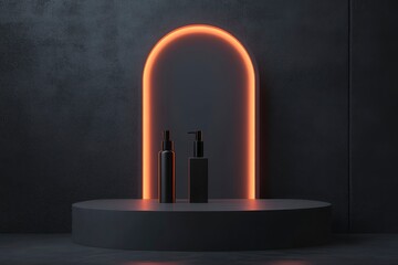 Dark matte pedestal, podium, stand and light. Exhibition space for branded products, goods. Glow decor for Luxury royal ads design. 3d render illustration. with generative ai
