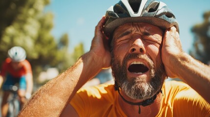 A male cyclist adjusts his helmet while on a bike ride during a sunny day. The focus is on safety and preparedness, showcasing a healthy and active lifestyle.