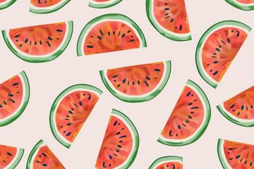 Hand-drawn seamless background with slices of watermelon. Beautiful simple AI generated image in 4K, unique.