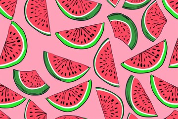 Seamless pattern with watermelon slices on a black background, flat vector illustration. For t-shirt prints and other uses.. Beautiful simple AI generated image in 4K, unique.