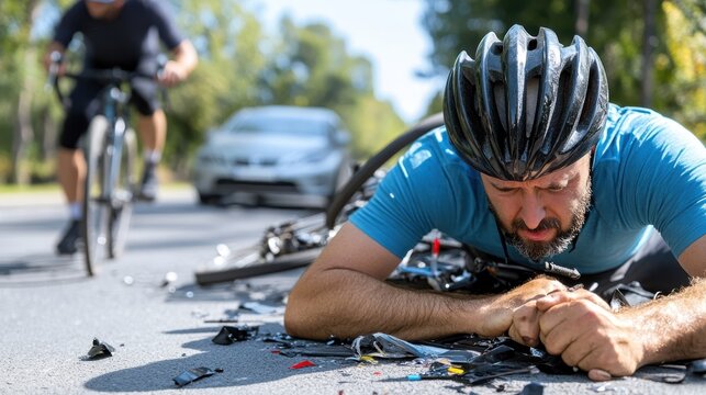 A cyclist dressed in blue lays on the ground amidst debris from a bike accident while another cyclist and a car approach in the background under sunny weather.