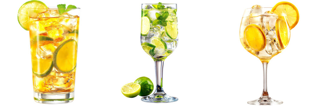 Set of 3 Gin and Tonic on a Transparent Background, drink, beverage, coffee, hot, ice, cocktail, alcoholic, smoothie, party, bar, juice, pub, png file, cut off bg, 300 dpi