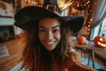 Halloween selfie photo made by a cute young african american woman wearing a magician hat