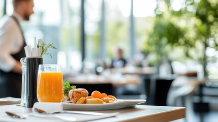 A vibrant breakfast plate featuring fresh pastries and orange juice, set on a table in a contemporary café with a serene and light-filled atmosphere, perfect for starting the day.