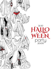 Vector Halloween invitation template in engraving style. Ghosts and deaths in hoods