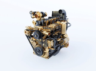 3d rendering illustration of a gold car engine with a turbocharger perspective on a white background with shadow