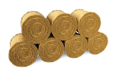 3d rendering illustration group of hay bales cylindrical front view isolated on white background with shadow