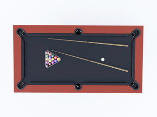 3d rendering illustration of a pool table with black cue inserts and layers isolated on white background with shadow