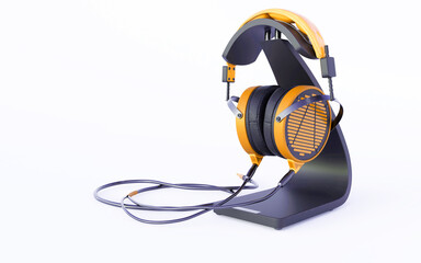 3d rendering illustration of orange wired headphones on stand isolated on white background with shadow