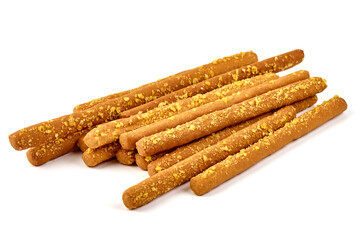 Crunchy bread sticks, cheese sticks, isolated on white background. High resolution image.