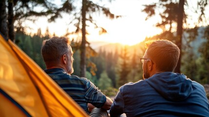 Two men are sitting next to an orange tent in a forest, gazing at the sunset over a mountainous landscape, capturing a tranquil and friendly outdoor experience.