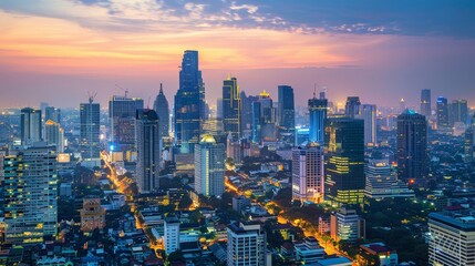 Obraz premium A captivating city skyline under the twilight sky, bathed in the soft hues of the setting sun, with the bright lights of the buildings starting to illuminate the bustling urban landscape.