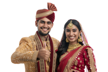 Full view of Smiling Indian couple in festive attire showing thumbs up Isolated on transparent background.
