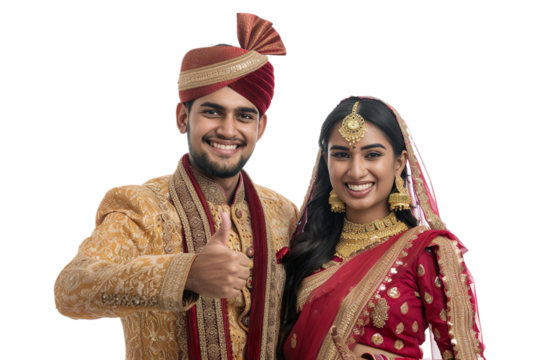 Full view of Smiling Indian couple in festive attire showing thumbs up Isolated on transparent background.