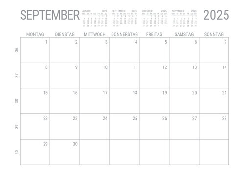 Monat Kalender September 2025 Monatskalender Kalenderblatt Kalendarium mit Kalenderwoche Planer DIN A4 Deutsch	