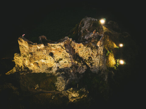 Aerial top view illuminated at night Agarani or Kojori, Azeuli, Kor Ogli Fortress. Georgian feudal fortress near Tbilisi visit destination by Kojori village in Kvemo Kartli region