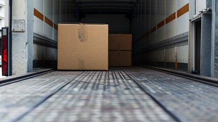 View from the back of a moving truck, showing a perspective of the empty truck floor with a couple of large cardboard boxes placed inside, ready for transport.