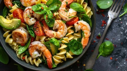 Salad with fresh avocado fruit and seafood closeup view