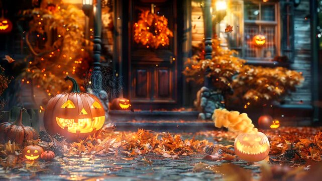 House decorated with halloween harvest festival attributes with autumn leaves