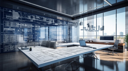 Sleek Office Design With Blueprint-Lined Walls And Modern Furnishings In Urban Architecture Firm