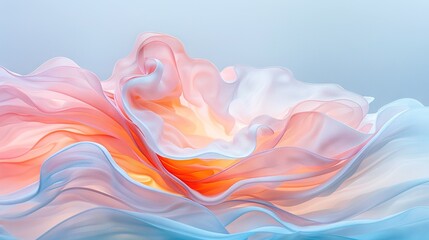   An image of a pink and blue flower on a light blue background with an orange center is an abstract painting