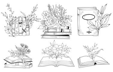 Line drawing floral book set, vector hand drawn line art illustration of stack of books with wildflowers, open book with flowers