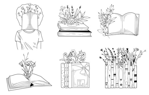 Line drawing floral book set, vector hand drawn line art illustration of stack of books with wildflowers, open book with flowers
