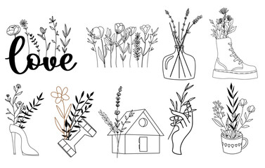 Hand drawn vector set of line art objects with wildflowers, conceptual logo design, linear illustrations