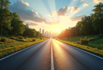 Fototapeta premium Realistic Summer Cityscape Captured from a Low Angle with Asphalt Road in Focus