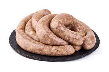 Italian sausages, Raw Salsiccia Sausages, isolated on a white background.