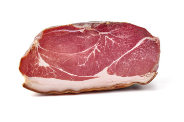 Italian prosciutto crudo or spanish jamon. Jerked meat, isolated on white background. High resolution image.