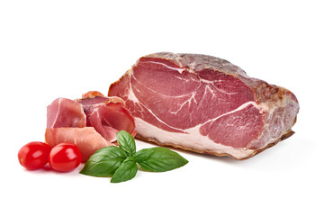 Delicious Serrano ham, cured jamon iberico, isolated on white background.
