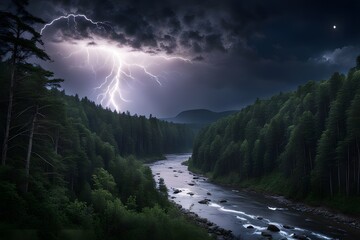 A powerful lightning strike over a winding river in a dense forest under a full moon, AI Generated