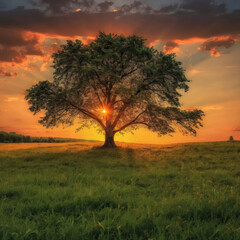 Fototapeta premium Big Tree Stands on the Meadow. Sunset Lighting. Beautiful Summer Evening Illustration.