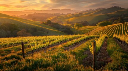 Hilly vineyards valley glowing under the golden hour, epitomizing the beauty of agricultural landscapes and serene evening light during the sunset.