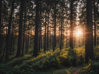Fototapeta premium A forest with trees and bushes in the foreground and a sun in the background