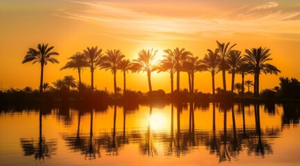 Obraz premium A beautifully serene sunset, with palm trees gracefully reflecting on the calm waters, perfect for relaxation themes