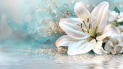  A white flower painting on a blue background with golden highlights at the base