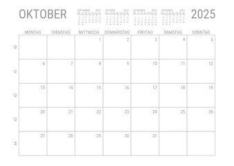 Monat Kalender Oktober 2025 Monatskalender Kalenderblatt Kalendarium mit Kalenderwoche Planer DIN A4 Deutsch